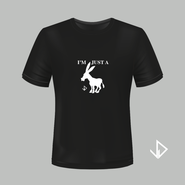 T-shirt zwart opdruk wit I'm just a Donkey | Vinesdutch en BeU Marketing & PR