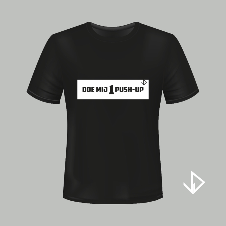 T-shirt zwart opdruk wit Doe mij 1 push-up | Vinesdutch en BeU Marketing & PR